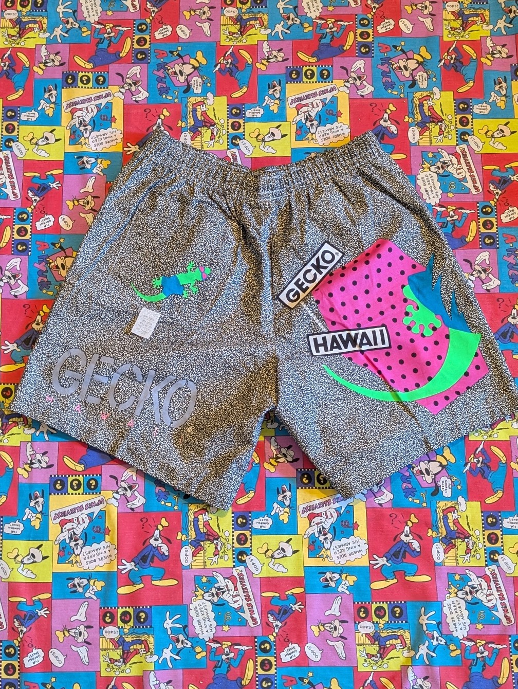 Vtg 80's 90's Gecko Hawaii Graphic Swim Shorts - Neon Accents Rare M